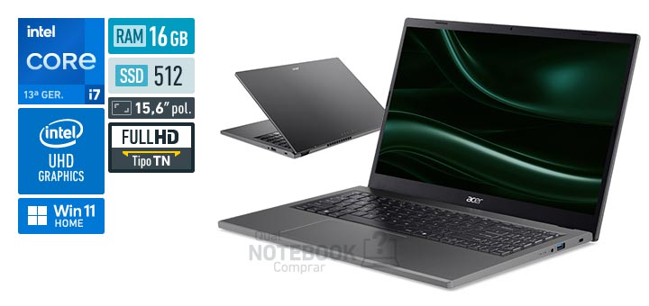 Acer Aspire Go 15 AG15-71P-71YM Core i7-13620H 13a geracao UHD Graphics 64 EUs Windows 11 Home RAM 16 GB SSD 512 GB Tela LED 15-6 polegadas Full HD TN Garantia 1 ano