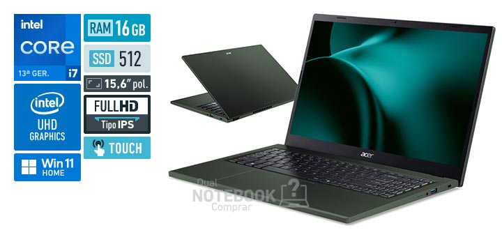 Acer Aspire Go 15 AG15-71PT-72EL Core i7-13620H 13a geracao UHD Graphics 64 EUs Windows 11 Home RAM 16 GB SSD 512 GB Tela LED 15-6 polegadas touch Full HD IPS Garantia 1 ano