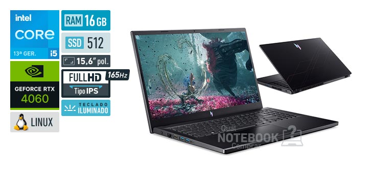 Acer Aspire Nitro V15 ANV15-52-52VN Core i5-13420H 13a geracao GeForce RTX 4060 Linux RAM 16 GB SSD 512 GB Tela LED 15-6 polegadas Full HD IPS 165 Hz Teclado iluminado Garantia 1 ano