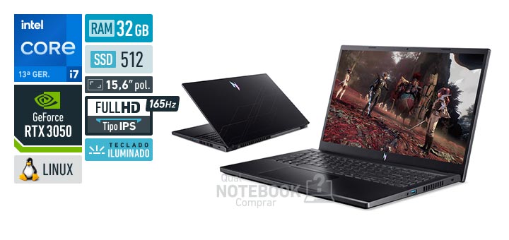 Acer Aspire Nitro V15 ANV15-52-77ZD Core i7-13620H 13a geracao GeForce RTX 3050 Linux RAM 32 GB SSD 512 GB Tela LED 15-6 polegadas Full HD IPS 165 Hz Teclado iluminado Garantia 1 ano