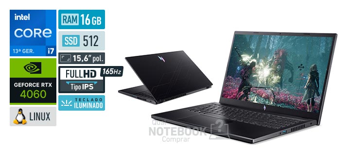 Acer Aspire Nitro V15 ANV15-52-790M Core i7-13620H 13a geracao GeForce RTX 4060 Linux RAM 16 GB SSD 512 GB Tela LED 15-6 polegadas Full HD IPS 165 Hz Teclado iluminado Garantia 1 ano