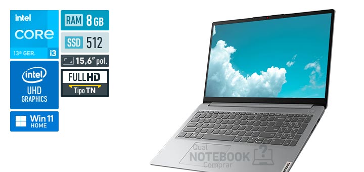 Lenovo IdeaPad 1i 83QJ0000BO Core i3-1315U 13a geracao UHD Graphics 64 EUs Windows 11 Home RAM 8 GB SSD 512 GB Tela LED 15-6 polegadas Full HD TN Garantia 1 ano