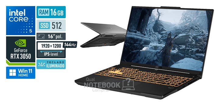 ASUS TUF Gaming F16 FX607VJ-RL007W Core 5-210H Serie 2 GeForce RTX 3050 Windows 11 Home RAM 16 GB SSD 512 GB Tela LED 16 polegadas WUXGA IPS-level 144 Hz Teclado iluminado Garantia 1 ano