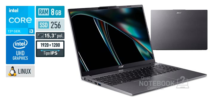 Acer Aspire Go 15 AG15-51P-37DQ Core i3-1305U 13a geracao UHD Graphics 64 EUs Linux RAM 8 GB SSD 256 GB Tela LED 15-3 polegadas WUXGA IPS Garantia 1 ano