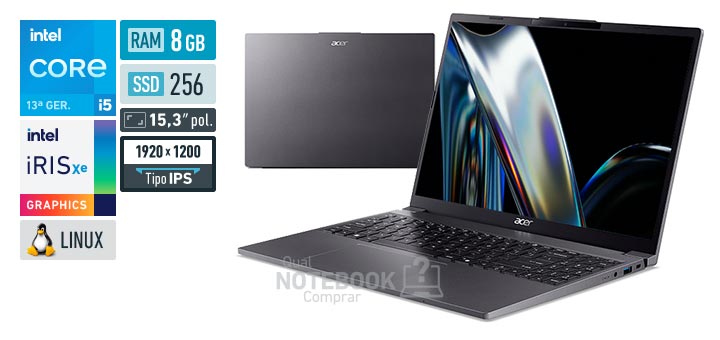 Acer Aspire Go 15 AG15-51P-5449 Core i5-1334U 13a geracao Iris Xe Graphics G7 80 EUs Linux RAM 8 GB SSD 256 GB Tela LED 15-3 polegadas WUXGA IPS Garantia 1 ano