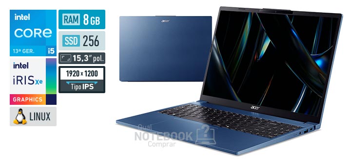 Acer Aspire Go 15 AG15-51P-54EV Core i5-1334U 13a geracao Iris Xe Graphics G7 80 EUs Linux RAM 8 GB SSD 256 GB Tela LED 15-3 polegadas WUXGA IPS Garantia 1 ano