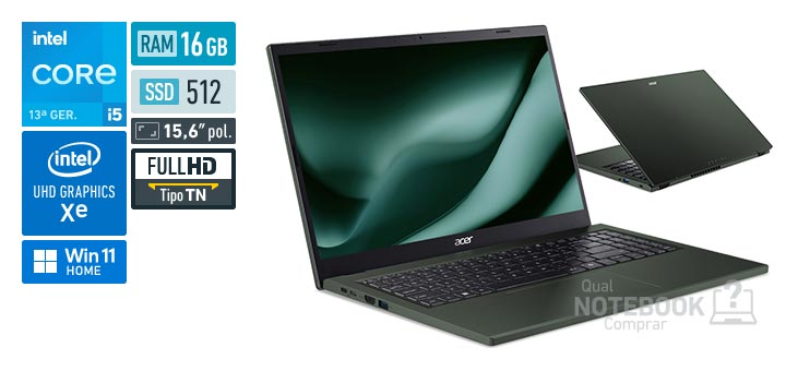 Acer Aspire Go 15 AG15-71P-5064 Core i5-13420H 13a geracao UHD Graphics Xe G4 48 EUs Windows 11 Home RAM 16 GB SSD 512 GB Tela LED 15-6 polegadas Full HD TN Garantia 1 ano