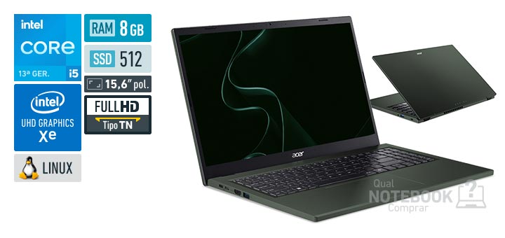 Acer Aspire Go 15 AG15-71P-53YC Core i5-13420H 13a geracao UHD Graphics Xe G4 48 EUs Linux RAM 8 GB SSD 512 GB Tela LED 15-6 polegadas Full HD TN Garantia 1 ano