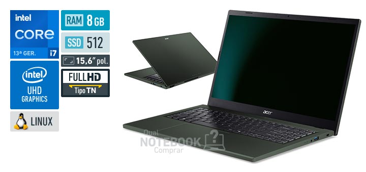 Acer Aspire Go 15 AG15-71P-76M9 Core i7-13620H 13a geracao UHD Graphics 64 EUs Linux RAM 8 GB SSD 512 GB Tela LED 15-6 polegadas Full HD TN Garantia 1 ano