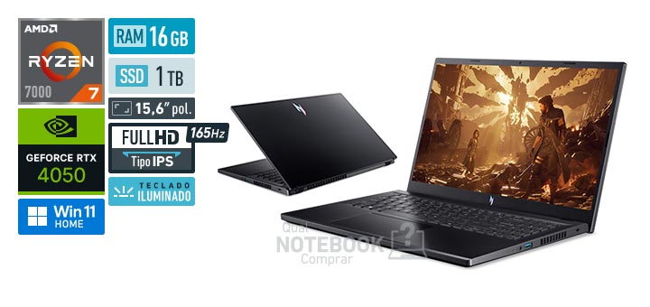 Acer Aspire Nitro V15 ANV15-41-R1P5 Ryzen 7 7735HS Serie 7000 GeForce RTX 4050 Windows 11 Home RAM 16 GB SSD 1 TB Tela LED 15-6 polegadas Full HD IPS 165 Hz Teclado iluminado Garantia 1 ano