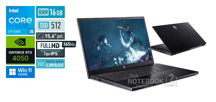 Acer Aspire Nitro V15 ANV15-52-51E4 Core i5-13420H 13a geracao GeForce RTX 4050 Windows 11 Home RAM 16 GB SSD 512 GB Tela LED 15-6 polegadas Full HD IPS 165 Hz Teclado iluminado