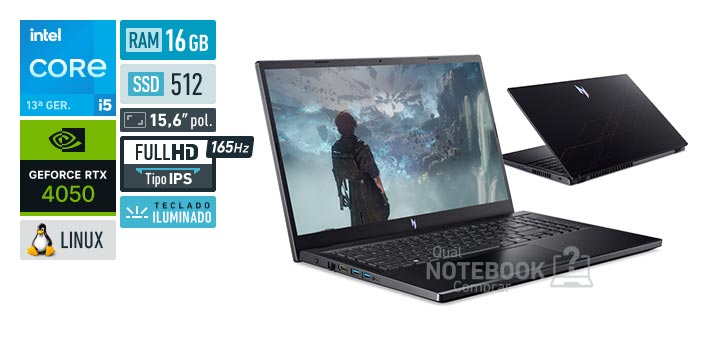 Acer Aspire Nitro V15 ANV15-52-52XM Core i5-13420H 13a geracao GeForce RTX 4050 Linux RAM 16 GB SSD 512 GB Tela LED 15-6 polegadas Full HD IPS 165 Hz Teclado iluminado Garantia 1 ano