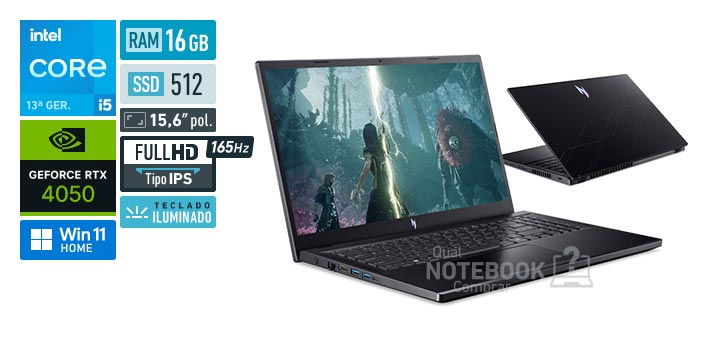 Acer Aspire Nitro V15 ANV15-52-5594 Core i5-13420H 13a geracao GeForce RTX 4050 Windows 11 Home RAM 16 GB SSD 512 GB Tela LED 15-6 polegadas Full HD IPS 165 Hz Teclado iluminado