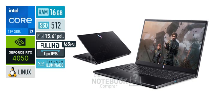 Acer Aspire Nitro V15 ANV15-52-737P Core i7-13620H 13a geracao GeForce RTX 4050 Linux RAM 16 GB SSD 512 GB Tela LED 15-6 polegadas Full HD IPS 165 Hz Teclado iluminado Garantia 1 ano