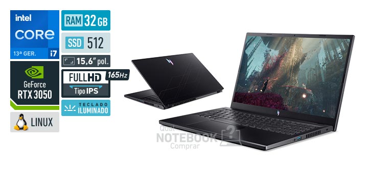 Acer Aspire Nitro V15 ANV15-52-75GF Core i7-13620H 13a geracao GeForce RTX 3050 Linux RAM 32 GB SSD 512 GB Tela LED 15-6 polegadas Full HD IPS 165 Hz Teclado iluminado Garantia 1 ano