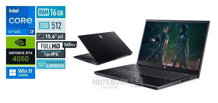Acer Aspire Nitro V15 ANV15-52-77BG Core i7-13620H 13a geracao GeForce RTX 4050 Windows 11 Home RAM 16 GB SSD 512 GB Tela LED 15-6 polegadas Full HD IPS 165 Hz Teclado iluminado