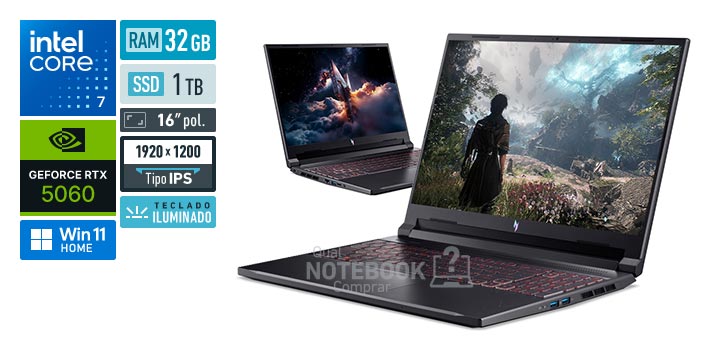 Acer Aspire Nitro V16 ANV16-72-7327 Core 7-240H Serie 2 GeForce RTX 5060 Windows 11 Home RAM 32 GB SSD 1 TB Tela LED 16 polegadas WUXGA IPS 180 Hz Teclado iluminado Garantia 1 ano