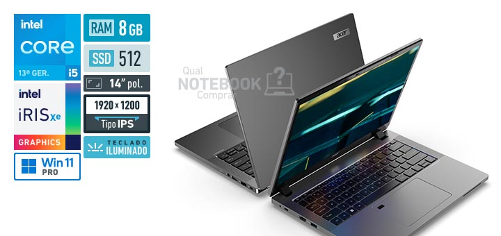 Acer TravelMate TMP214-55-59VU Core i5-1335U 13a geracao Iris Xe Graphics G7 80 EUs Windows 11 Pro RAM 8 GB SSD 512 GB Tela LED 14 polegadas WUXGA IPS Teclado iluminado Garantia 1 ano