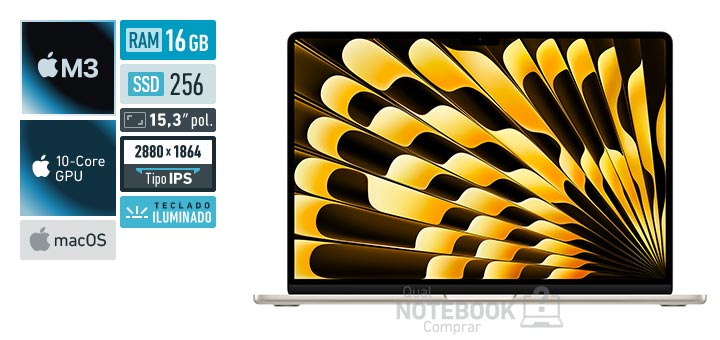 Apple MacBook Air MC9F4BZ-A M3 8-Core M3 10-Core GPU M3 macOS RAM 16 GB SSD 256 GB Tela LED 15-3 polegadas 2880 x 1864 px IPS Teclado iluminado