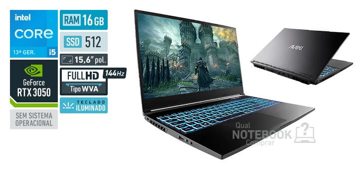 Avell Ion A52 MN000113 Core i5-13420H 13a geracao GeForce RTX 3050 Sem sistema operacional RAM 16 GB SSD 512 GB Tela LED 15-6 polegadas Full HD WVA 144 Hz Teclado iluminado Garantia 1 ano