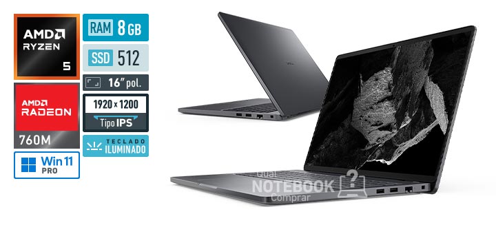 Dell Pro 16 PC16255 bccx1 Ryzen 5 PRO 230 Serie 200 Radeon 760M Windows 11 Pro RAM 8 GB SSD 512 GB Tela LED 16 polegadas WUXGA IPS Teclado iluminado Garantia 1 ano