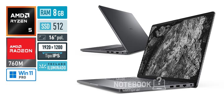 Dell Pro 16 PC16255 bccx5 Ryzen 5 PRO 230 Serie 200 Radeon 760M Windows 11 Pro RAM 8 GB SSD 512 GB Tela LED 16 polegadas WUXGA IPS Teclado iluminado Garantia 1 ano