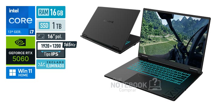 Gigabyte A16 CTH 9RGA6I76VHFHJK5US000 Core i7-13620H 13a geracao GeForce RTX 5060 Windows 11 Home RAM 16 GB SSD 1 TB Tela LED 16 polegadas WUXGA IPS 165 Hz Teclado iluminado