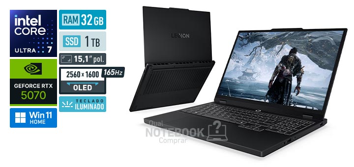 Lenovo Legion 5i 83N20001BO Core Ultra 7-255HX Serie 2 GeForce RTX 5070 Windows 11 Home RAM 32 GB SSD 1 TB Tela OLED 15-1 polegadas 2560 x 1600 px 165 Hz Teclado iluminado Garantia 1 ano