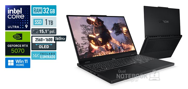 Lenovo Legion 5i 83N20002BO Core Ultra 9-275HX Serie 2 GeForce RTX 5070 Windows 11 Home RAM 32 GB SSD 1 TB Tela OLED 15-1 polegadas 2560 x 1600 px 165 Hz Teclado iluminado Garantia 1 ano