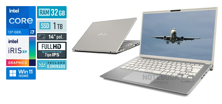 VAIO F14 PC8970C11X-B0811W Core i7-1355U 13a geracao Iris Xe Graphics G7 96 EUs Windows 11 Home RAM 32 GB SSD 1 TB Tela LED 14 polegadas Full HD IPS Teclado iluminado Garantia 1 ano
