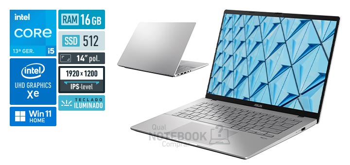 ASUS VivoBook S14 S3407VA-LY044W Core i5-13420H 13a geracao UHD Graphics Xe G4 48 EUs Windows 11 Home RAM 16 GB SSD 512 GB Tela LED 14 polegadas WUXGA IPS-level Teclado iluminado