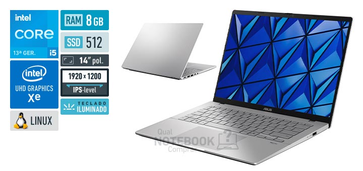 ASUS VivoBook S14 S3407VA-LY054 Core i5-13420H 13a geracao UHD Graphics Xe G4 48 EUs Linux RAM 8 GB SSD 512 GB Tela LED 14 polegadas WUXGA IPS-level Teclado iluminado Garantia 1 ano