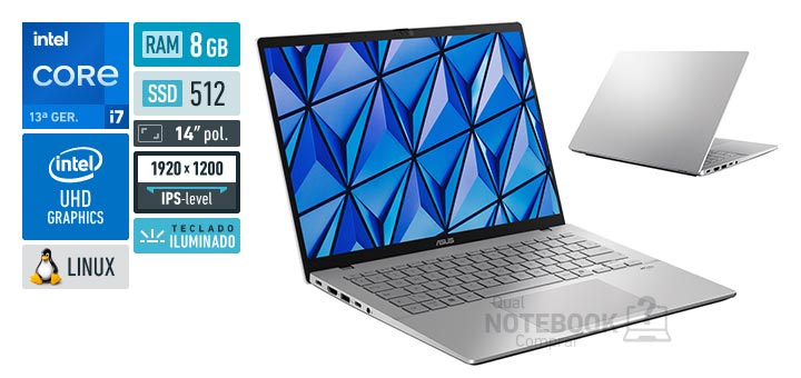 ASUS VivoBook S14 S3407VA-LY055 Core i7-13620H 13a geracao UHD Graphics 64 EUs Linux RAM 8 GB SSD 512 GB Tela LED 14 polegadas WUXGA IPS-level Teclado iluminado Garantia 1 ano