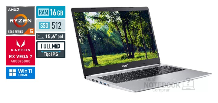 Acer Aspire 5 A515-45-R043 Ryzen 5 5500U Serie 5000 Radeon RX Vega 7 4000-5000 Windows 11 Home RAM 16 GB SSD 512 GB Tela LED 15-6 polegadas Full HD IPS Garantia 1 ano