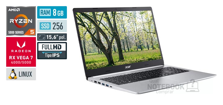 Acer Aspire 5 A515-45-R1AC Ryzen 5 5500U Serie 5000 Radeon RX Vega 7 4000-5000 Linux RAM 8 GB SSD 256 GB Tela LED 15-6 polegadas Full HD IPS Garantia 1 ano