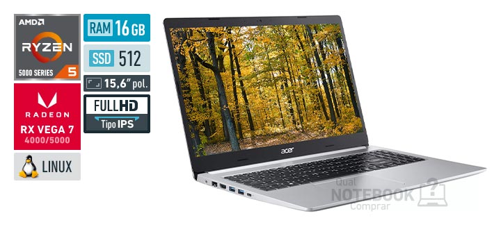 Acer Aspire 5 A515-45-R478 Ryzen 5 5500U Serie 5000 Radeon RX Vega 7 4000-5000 Linux RAM 16 GB SSD 512 GB Tela LED 15-6 polegadas Full HD IPS Garantia 1 ano