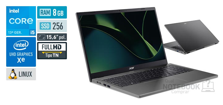 Acer Aspire Go 15 AG15-71P-54J6 Core i5-13420H 13a geracao UHD Graphics Xe G4 48 EUs Linux RAM 8 GB SSD 256 GB Tela LED 15-6 polegadas Full HD TN Garantia 1 ano