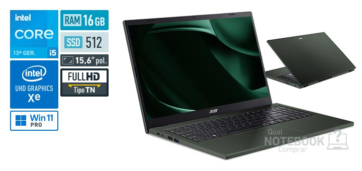 Acer Aspire Go 15 AG15-71P-55UY Core i5-13420H 13a geracao UHD Graphics Xe G4 48 EUs Windows 11 Pro RAM 16 GB SSD 512 GB Tela LED 15-6 polegadas Full HD TN Garantia 1 ano