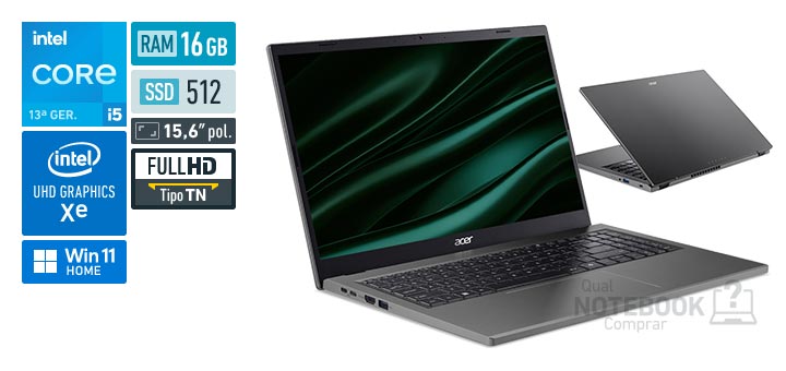 Acer Aspire Go 15 AG15-71P-59FH Core i5-13420H 13a geracao UHD Graphics Xe G4 48 EUs Windows 11 Home RAM 16 GB SSD 512 GB Tela LED 15-6 polegadas Full HD TN Garantia 1 ano
