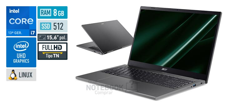 Acer Aspire Go 15 AG15-71P-72WL Core i7-13620H 13a geracao UHD Graphics 64 EUs Linux RAM 8 GB SSD 512 GB Tela LED 15-6 polegadas Full HD TN Garantia 1 ano