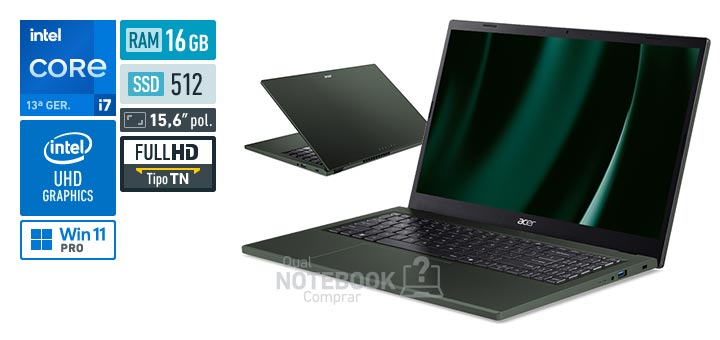 Acer Aspire Go 15 AG15-71P-73D2 Core i7-13620H 13a geracao UHD Graphics 64 EUs Windows 11 Pro RAM 16 GB SSD 512 GB Tela LED 15-6 polegadas Full HD TN Garantia 1 ano