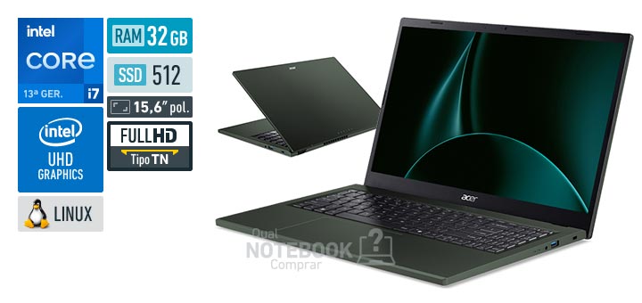 Acer Aspire Go 15 AG15-71P-76A7 Core i7-13620H 13a geracao UHD Graphics 64 EUs Linux RAM 32 GB SSD 512 GB Tela LED 15-6 polegadas Full HD TN Garantia 1 ano