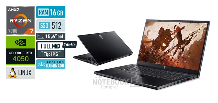 Acer Aspire Nitro V15 ANV15-41-R2GT Ryzen 7 7735HS Serie 7000 GeForce RTX 4050 Linux RAM 16 GB SSD 512 GB Tela LED 15-6 polegadas Full HD IPS 165 Hz Teclado iluminado Garantia 1 ano