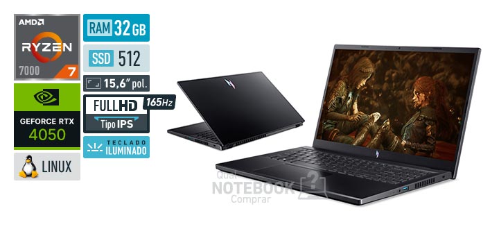 Acer Aspire Nitro V15 ANV15-41-R4Q9 Ryzen 7 7735HS Serie 7000 GeForce RTX 4050 Linux RAM 32 GB SSD 512 GB Tela LED 15-6 polegadas Full HD IPS 165 Hz Teclado iluminado Garantia 1 ano