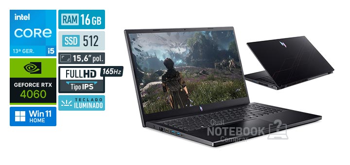 Acer Aspire Nitro V15 ANV15-52-56R5 Core i5-13420H 13a geracao GeForce RTX 4060 Windows 11 Home RAM 16 GB SSD 512 GB Tela LED 15-6 polegadas Full HD IPS 165 Hz Teclado iluminado