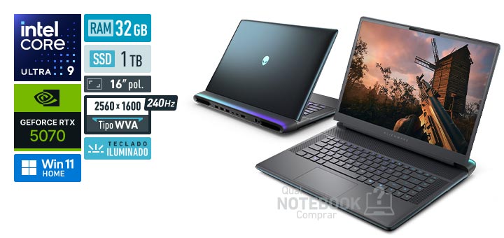 Dell Alienware 16 Area-51 AA16250-htwz_x Core Ultra 9-275HX Serie 2 GeForce RTX 5070 Windows 11 Home RAM 32 GB SSD 1 TB Tela LED 16 polegadas 2560 x 1600 px WVA 240 Hz Teclado iluminado