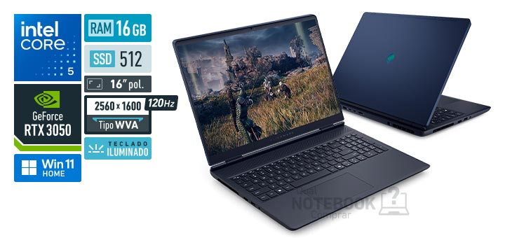 Dell Alienware 16 Aurora AC16-C5210H-A10 Core 5-210H Serie 2 GeForce RTX 3050 Windows 11 Home RAM 16 GB SSD 512 GB Tela LED 16 polegadas 2560 x 1600 px WVA 120 Hz Teclado iluminado