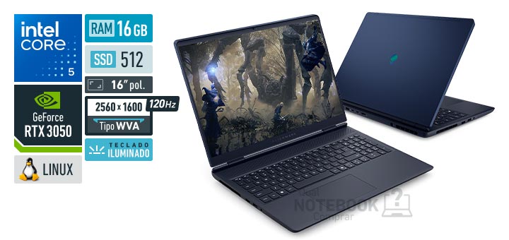 Dell Alienware 16 Aurora AC16-C5210H-D10 Core 5-210H Serie 2 GeForce RTX 3050 Linux RAM 16 GB SSD 512 GB Tela LED 16 polegadas 2560 x 1600 px WVA 120 Hz Teclado iluminado