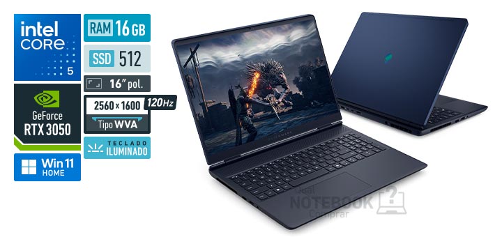 Dell Alienware 16 Aurora AC16-C5210H-M10 Core 5-210H Serie 2 GeForce RTX 3050 Windows 11 Home RAM 16 GB SSD 512 GB Tela LED 16 polegadas 2560 x 1600 px WVA 120 Hz Teclado iluminado