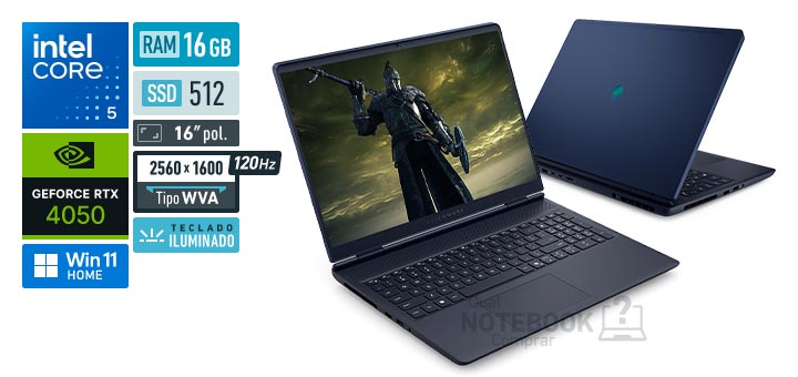 Dell Alienware 16 Aurora AC16-C5210H-M20 Core 5-210H Serie 2 GeForce RTX 4050 Windows 11 Home RAM 16 GB SSD 512 GB Tela LED 16 polegadas 2560 x 1600 px WVA 120 Hz Teclado iluminado
